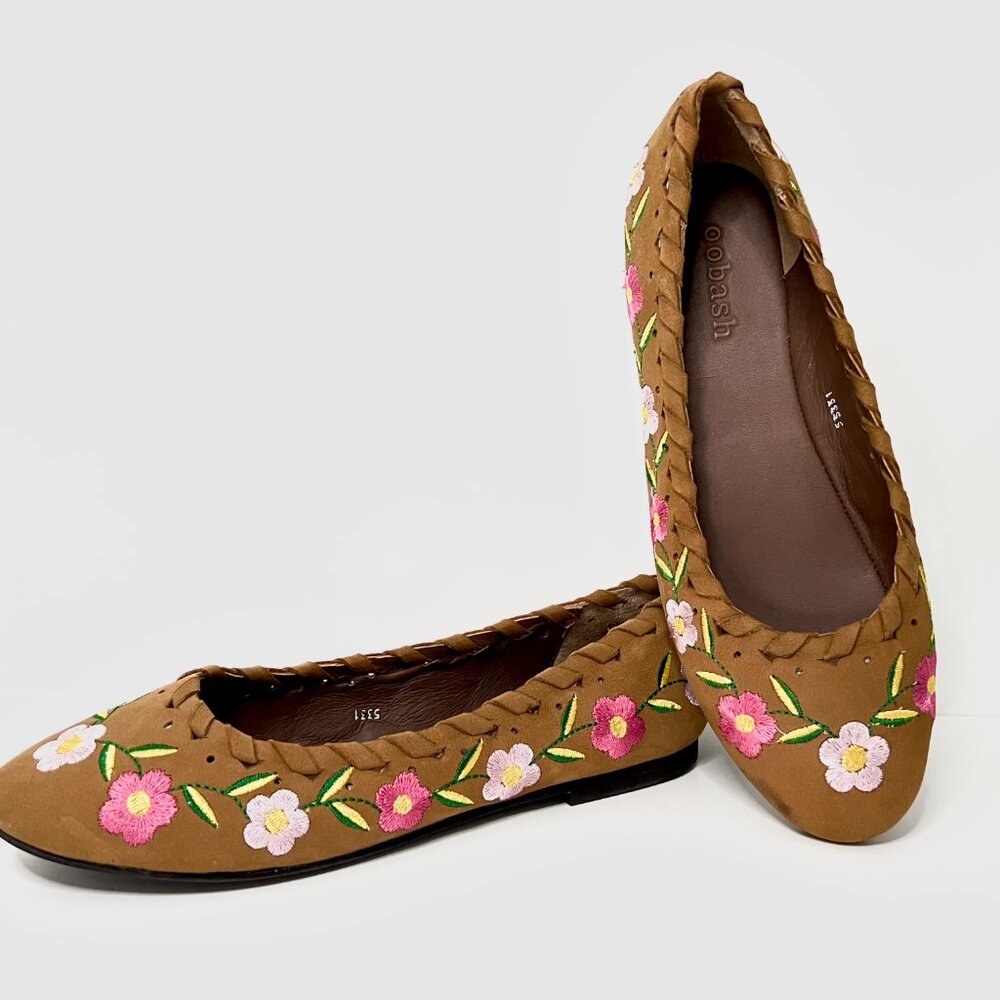 June Tan leather Flower embroidered Ballerina